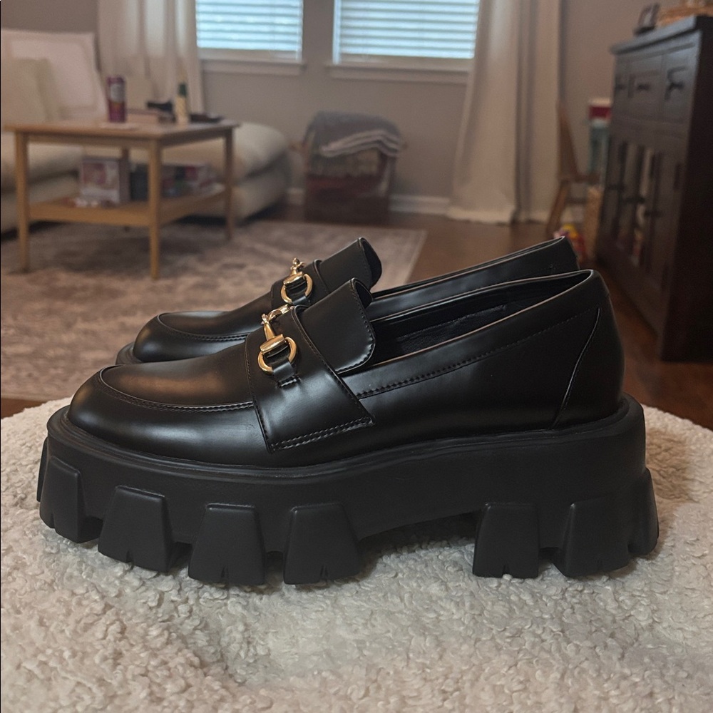 Princess Polly Black Chunky Platform Loafers with Gold Buckle